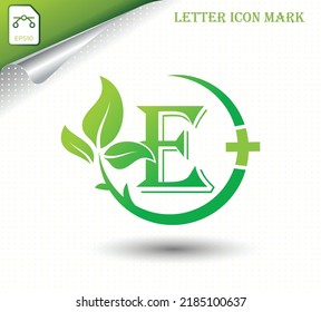 letter E with green leaf vector template