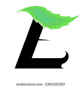 the letter E with green leaves on it, on a white background