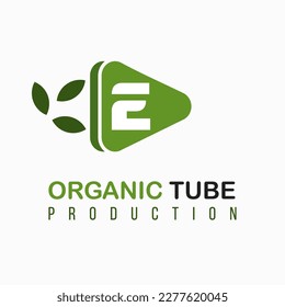 Carta E con icono de juego verde, vídeo, juego multimedia para productos orgánicos, naturaleza, medios agrícolas Informasi Modelo de negocio Idea de logotipo de canal