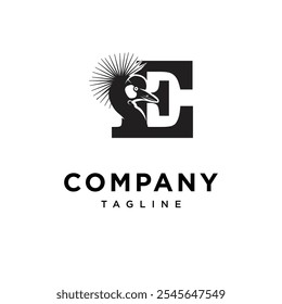 Letter E Grey Crowned Crane Logo Icon Vector