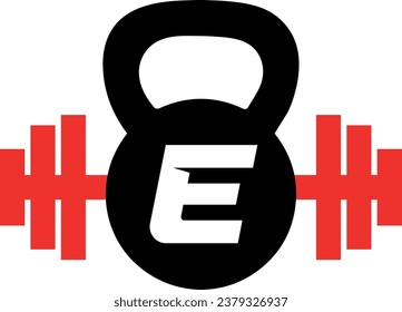 diseño del logotipo de la letra e gym con dumbbell y kettlebell