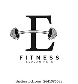 Letter E Gym Logo Design. Alphabet E Barbell symbol Icon