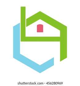 letter e and h and j with hexagon and home vector design