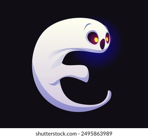 Letter E Halloween ghost font, scary typeface, horror evil type, spooky monster alphabet. Vector holiday kid abc spook character floating in the night with glowing eyes and surprised expression