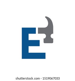 Letter E Hammer Logo Design Renovation and Construction Vector Graphic.