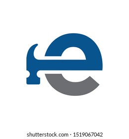 Letter E Hammer Logo Design Renovation and Construction Vector Graphic.