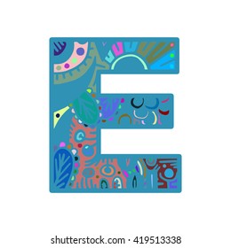 Letter E hand drawn doodle style lettering word colorful. Letter E symbol. Letter E logo. Letter E sign. Letter E poster. Letter E icon.
