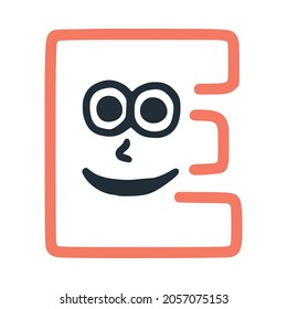 Letter e happy eccentric smiling character, smiley face vector clip art