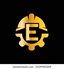 Letter E Helmet And Gear Logo Design Template. Gear engineer logo design vector