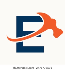 Letter E Home Construction Logo Design With Hammer Symbol