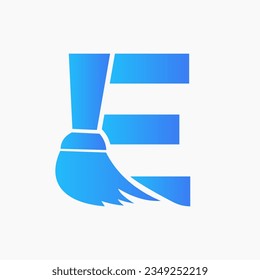 Letter E House Cleaning Logo Concept With Clean Brush Icon. Maid Service Symbol