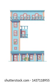 Letter E house isolated on white background. Vertical portrait A4 page. Printable.