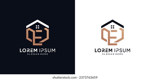 Letter e and house logo design vector illustration with hexagon concept