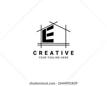 Letra E com design de logotipo de casa para arquiteto, construção e imobiliário