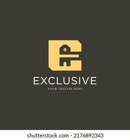 Letter E with house negative space minimal logo icon design concept. Vector illustration