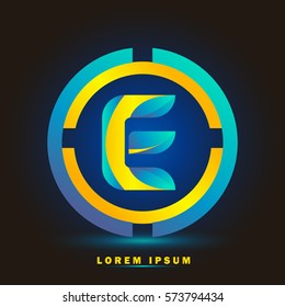 Letter E icon and logo for business name. elegant typographic. twisted, with blue and yellow rings