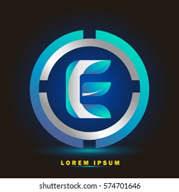 Letter E icon and logo for business name. elegant typographic. twisted, with blue and white rings