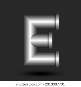 Letter E industrial style logo 3d metallic construction pipe shape with flanges forms, silver colored creative typography identity, logotype technology design.