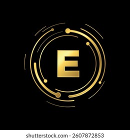 Letter E Initial Gold Color Cyber Multimedia Logo