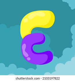 letter E initials Purple and yellow balloons are interlaced to form letters floating isolated on sky and clouds background, vector logo letter typography illustration.