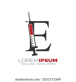 Letter E Injection Logo Design. Alphabet E Syringe icon illustration