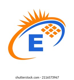 Letter E Inside Solar Cell or Solar Panel Energy Logo Design. Letter E Logo with Solar Elements, Sun, Solar Panels Sign