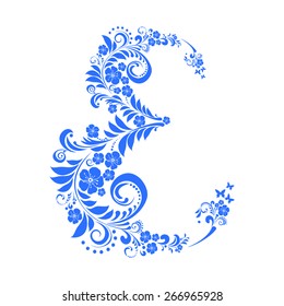 Letter E isolated on white. Romantic letter of beautiful flowers. Floral Alphabet. Vector Illustration