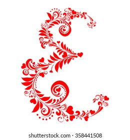 Letter E isolated on white. Romantic letter of beautiful heart.  Love Alphabet Set. Vector Illustration