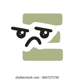 Letter e kawaii character with sad face, vector clip art