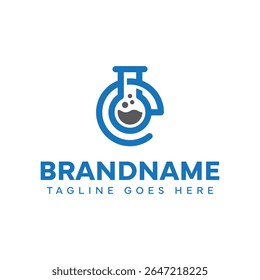 Letra E Lab Flask Logo, simbolizando ciência, inovação e experimentação