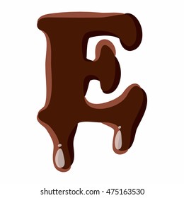 Letter E from latin alphabet with numbers and symbols made of dark melted chocolate