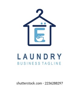 Letter E for Laundry Business Logo Design Idea Template with House and Hanger Icon. Dry Cleaning Clothes Wash Machine