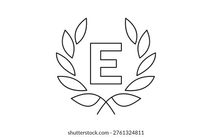 Letter E with laurel wreath line icon for alphabet logo branding education and excellence award.Editable stroke, Vector illustration, Line art Icon, Symbols.