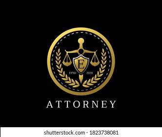 Letter E Law Logo design with golden sword, shield, wreath symbol vector design. Perfect for for law firm, company, lawyer or attorney office logo.