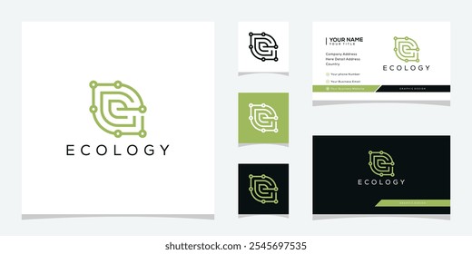 Letter E leaf ecology logo design, technology icon concept 