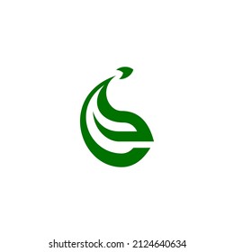 letter E leaf logo with launched rocket. Letter E initial. Nature logo
