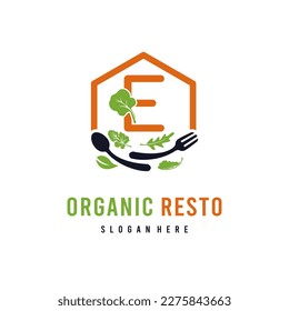 Letter E with Leaf Vegetable for Organic Vegan Food and Resto Business Logo Idea Template