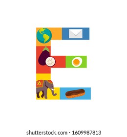 Letter E learning poster for kids. Alphabet for preschool and primary school education.