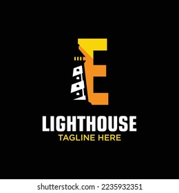 Letter E Lighthouse Logo Design Template Inspiration, Vector Illustration.