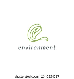 Letter e line logo design for environment with green leaf combination