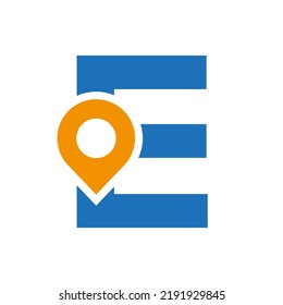 Letter E Location Logo Design Sign. Location Icon Concept With Alphabet For Road Direction Symbol Vector Template