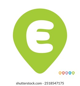 Símbolo de pin de localização da letra E, ilustração do vetor do ícone de pin do mapa eletrônico inicial