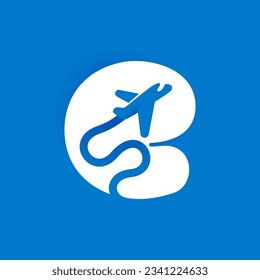 Letter E logo with airplane trail. Negative space style icon. Plane navigator pointer. Vector typeface for airline identity, travel app, journey posters, jet company, and shipping advertising.