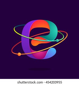 Letter E logo with atoms orbits lines. Bright vector design for science, biology, physics, chemistry company.