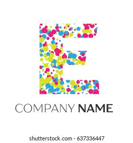 Letter E logo with blue, yellow, red particles and bubbles dots on white background. Vector template for your design