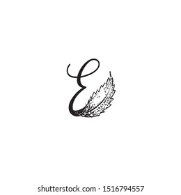 Letter E logo. Calligraphic icon with natural leaf element. Alphabet initial for cosmetics, food, health, pharmacy, drugstore, organic & ecologic lifestyle. Decorative character hand drawn lettermark.