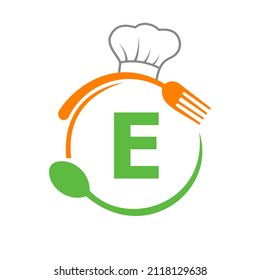Letter E Logo With Chef Hat, Spoon And Fork For Restaurant Logo. Restaurant Logotype On Letter E Spoon And Fork Concept