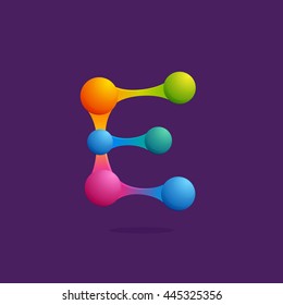 Letter E logo with colorful spheres or dots and lines. Colorful vector design for banner, presentation, web page, app icon, card, labels or posters.
