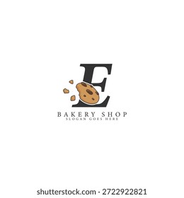 Logotipo de la letra E con ilustración de la galleta. Icono del alfabeto E que representa panadería, dulces y marca de alimentos