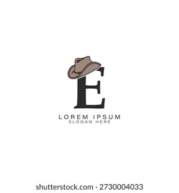 Letter E logo with a cowboy hat. Alphabet E with modern Stetson hat Icon